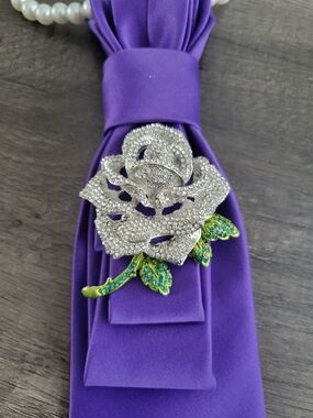 Sparkling Silver & Green Rose Brooch - Purple Tie Accent